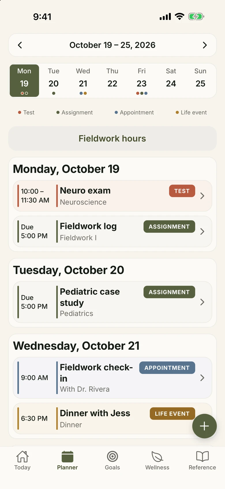 Planner: a week of assignments, tests, appointments and life events.