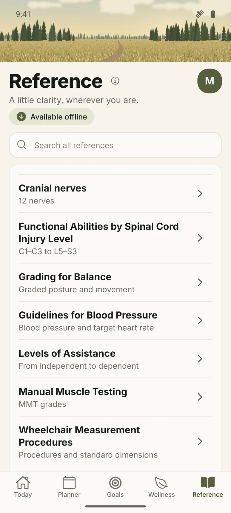 Reference: seven clinical topics and offline search. Android screen.